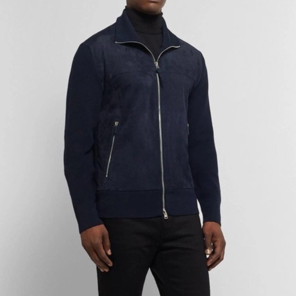 Tom Ford Slim Fit Suede Wool Full Zip Navy Jacket